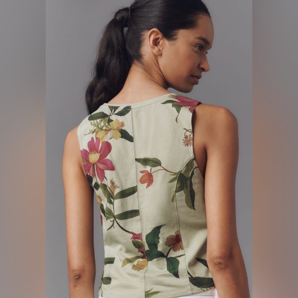 Anthropologie Green Floral Cotton Gathered Tank Top - Picture 10 of 10